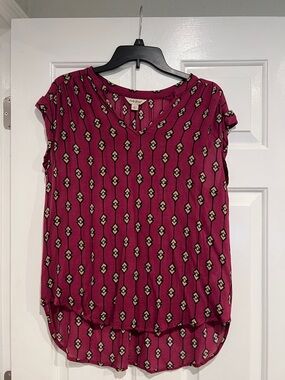 Lucky Brand Magenta Geometric Print Cap-Sleeve Blouse